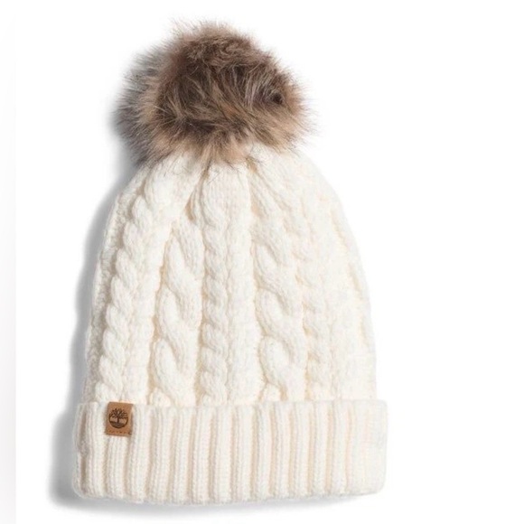 Timberland Logo Womens Cream Cable Knit Cuff Hat With Pom Pom NEW offers ok main image 11